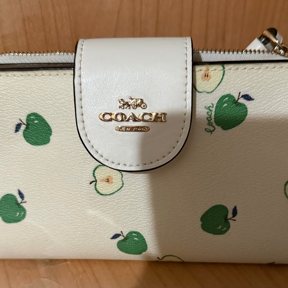 Coach Cream Leather Wallet with Green Apple Print and Gold Logo
